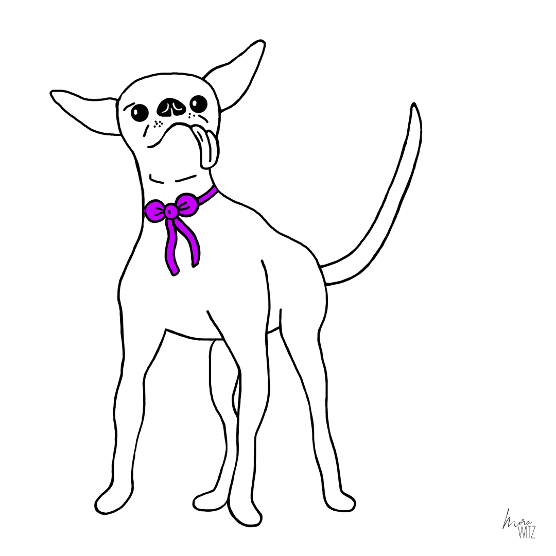 Illustration eines Hundes mit lila-farbener Schleife um den Hals