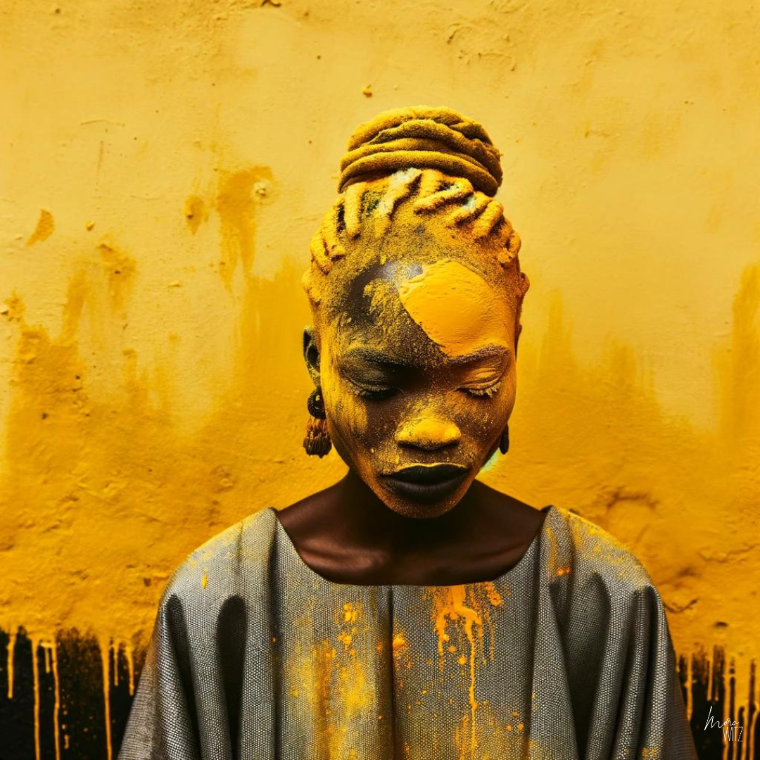 KI-generiertes Bild einer afrikanischen Frau vor einer gelben Wand, über ihr Gesicht fließt gelbe Farbe