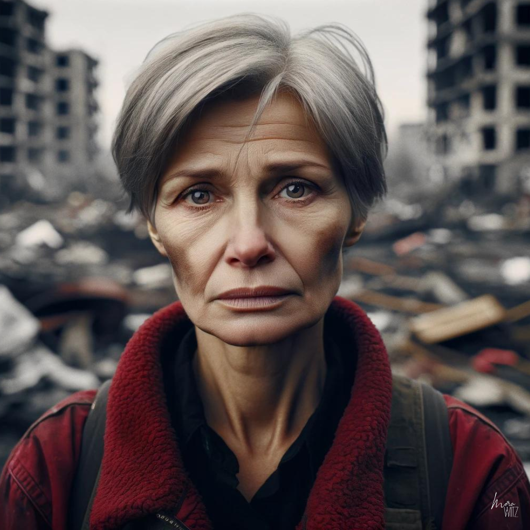 KI-generiertes Bild einer ukrainischen Frau vor Kriegstrümmern