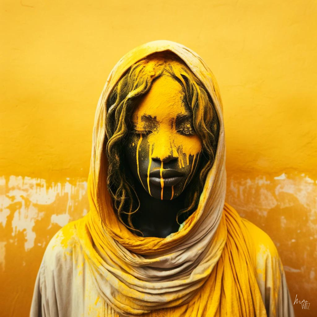 KI-generiertes Bild einer afrikanischen Frau vor einer gelben Wand, über ihr Gesicht fließt gelbe Farbe