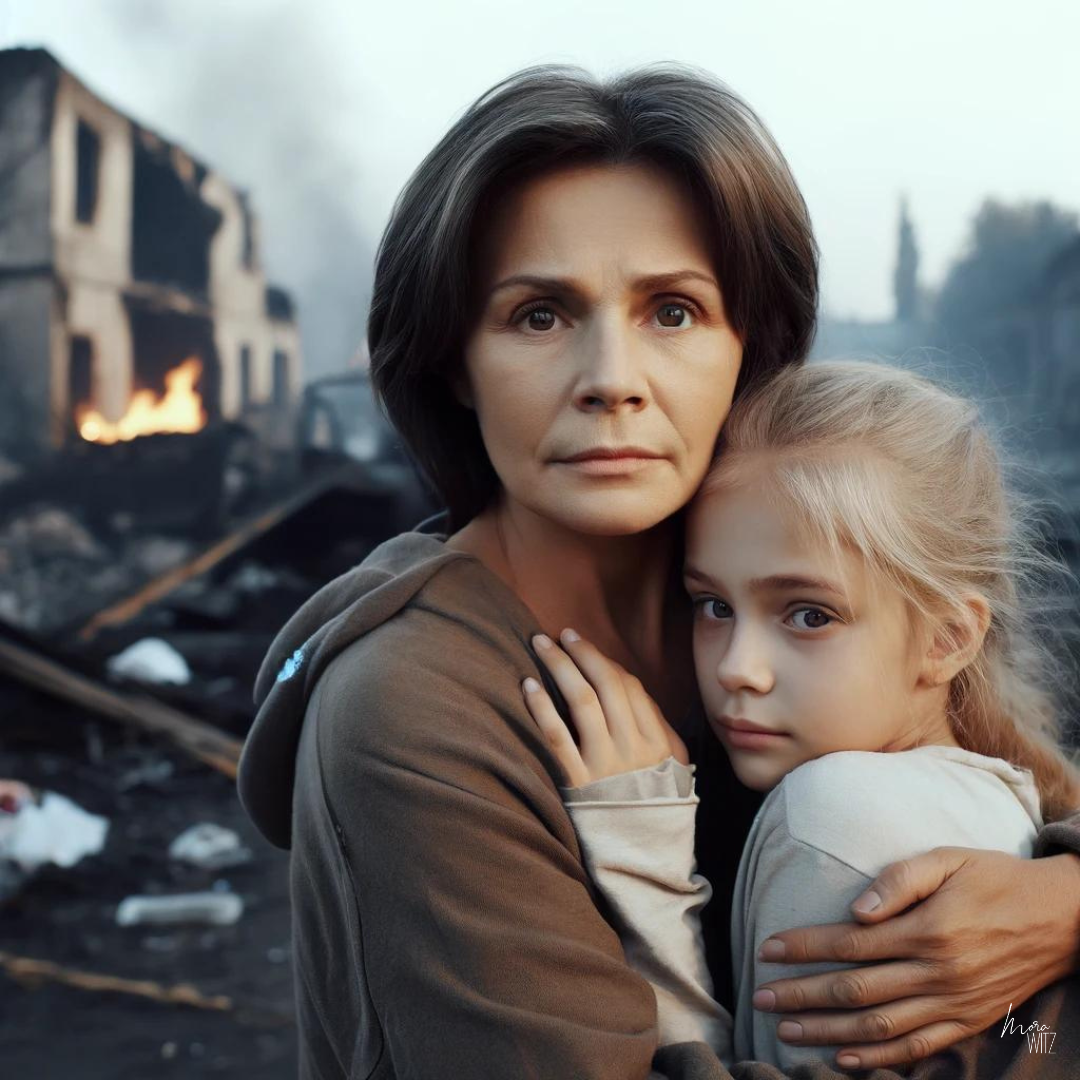 KI-generiertes Bild einer ukrainischen Frau mit Tochter vor Kriegstrümmern