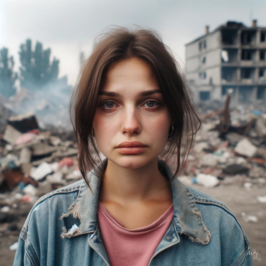 KI-generiertes Bild einer ukrainischen, jungen Frau vor Kriegstrümmern