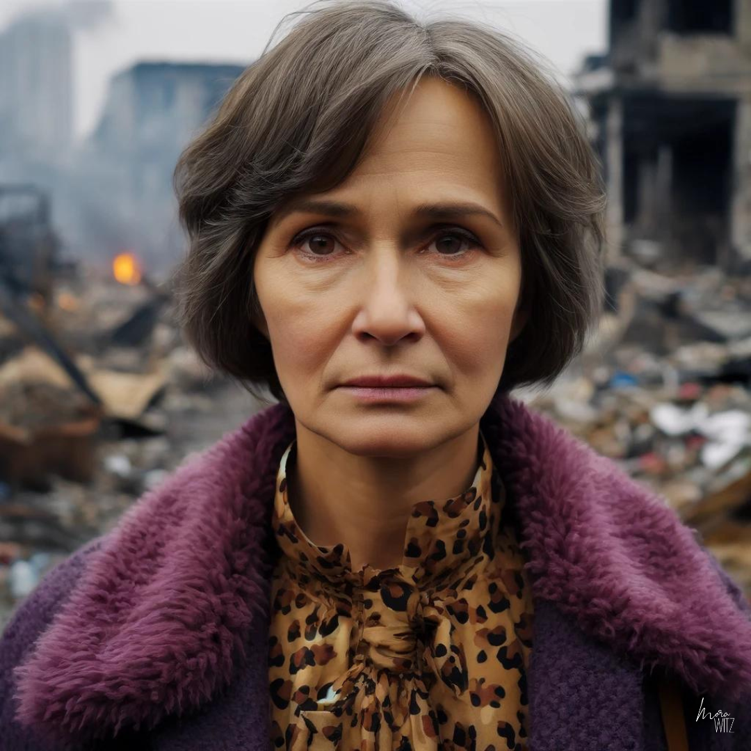 KI-generiertes Bild einer ukrainischen Frau vor Kriegstrümmern