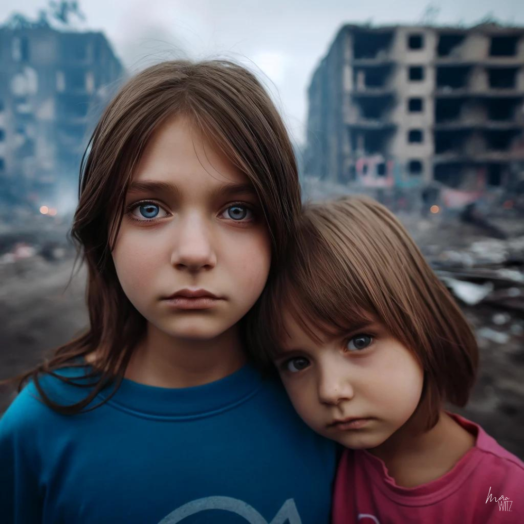 KI-generiertes Bild ukrainischer Kinder vor Kriegstrümmern