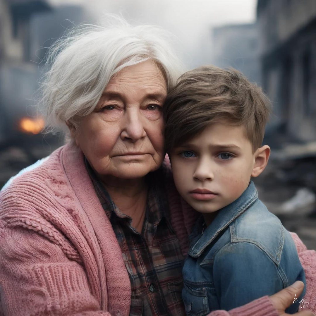 KI-generiertes Bild einer ukrainischen, alten Frau mit Enkel vor Kriegstrümmern