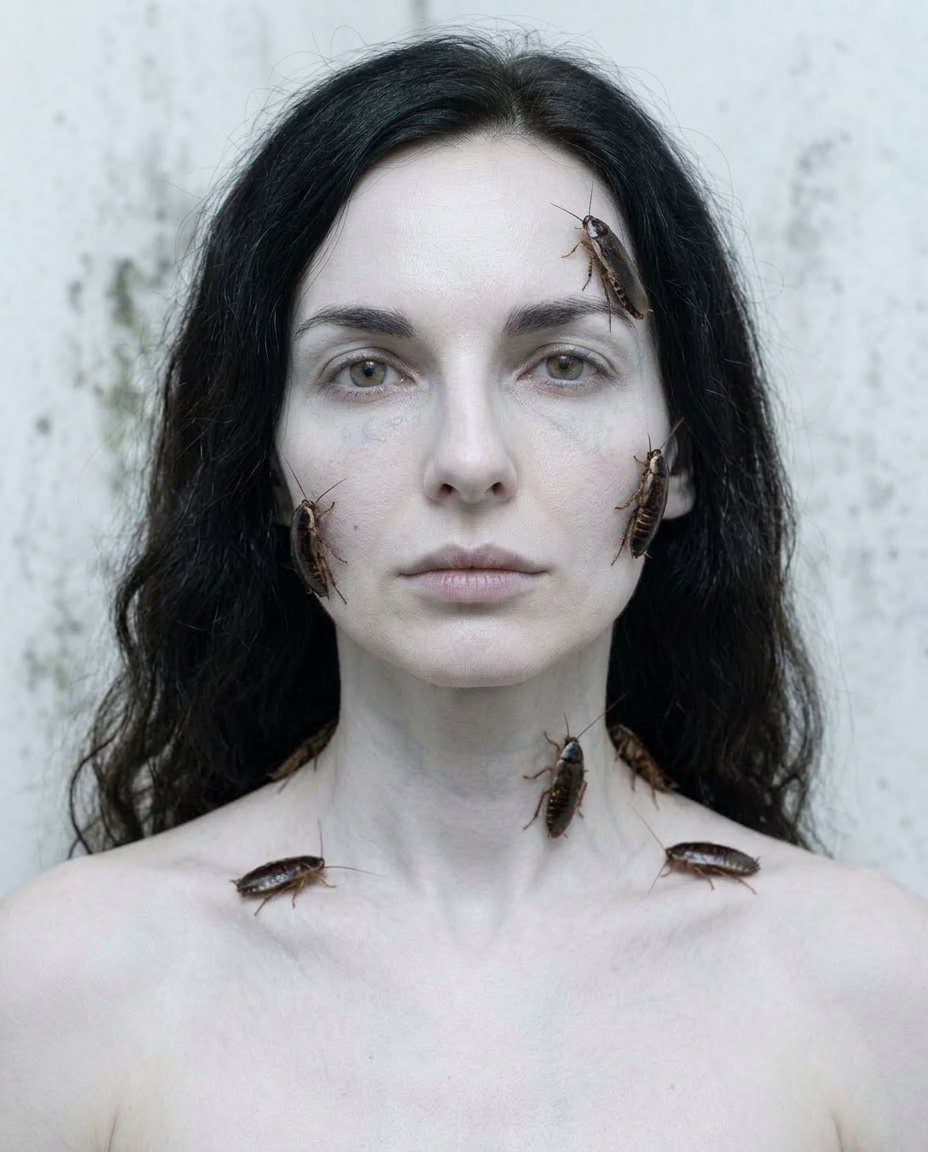 Portrait einer Frau mit Kakerlaken