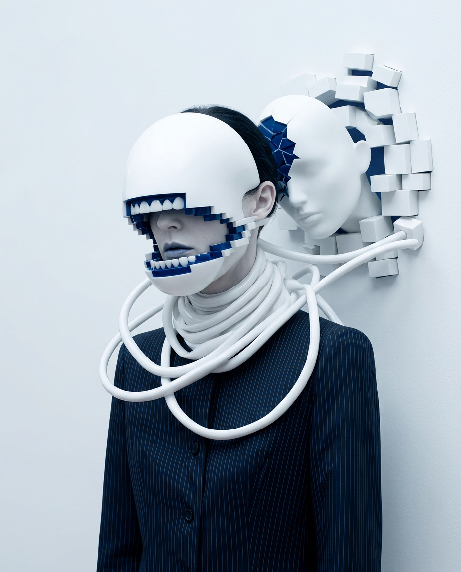 Künstlerisches Portrait einer Frau mit Schläuchen, Defragmentierung und darstellen innerer Zustände in einer futuristischen Umgebung