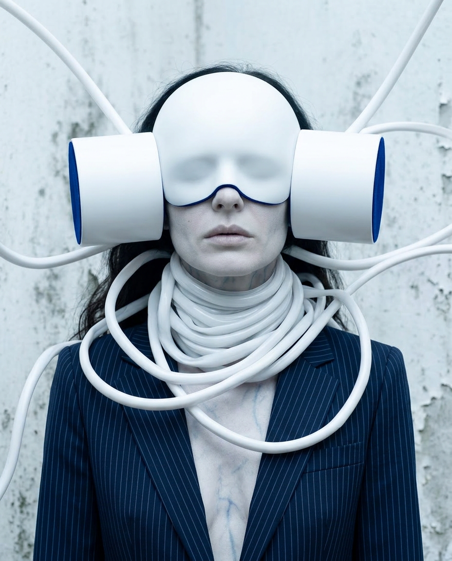 Künstlerisches Portrait einer Frau mit Schläuchen, Defragmentierung und darstellen innerer Zustände in einer futuristischen Umgebung