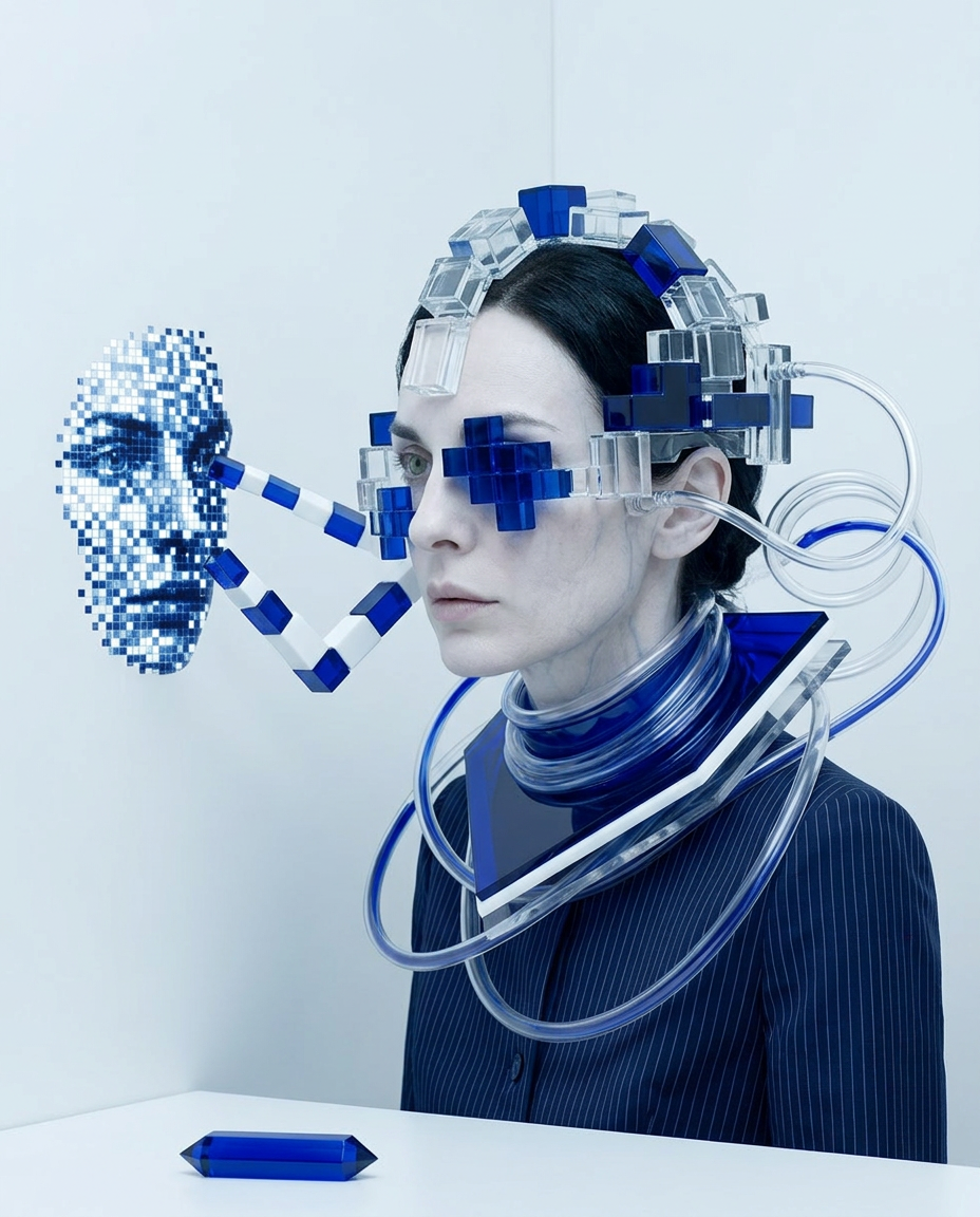 Künstlerisches Portrait einer Frau mit Schläuchen, Defragmentierung und darstellen innerer Zustände in einer futuristischen Umgebung