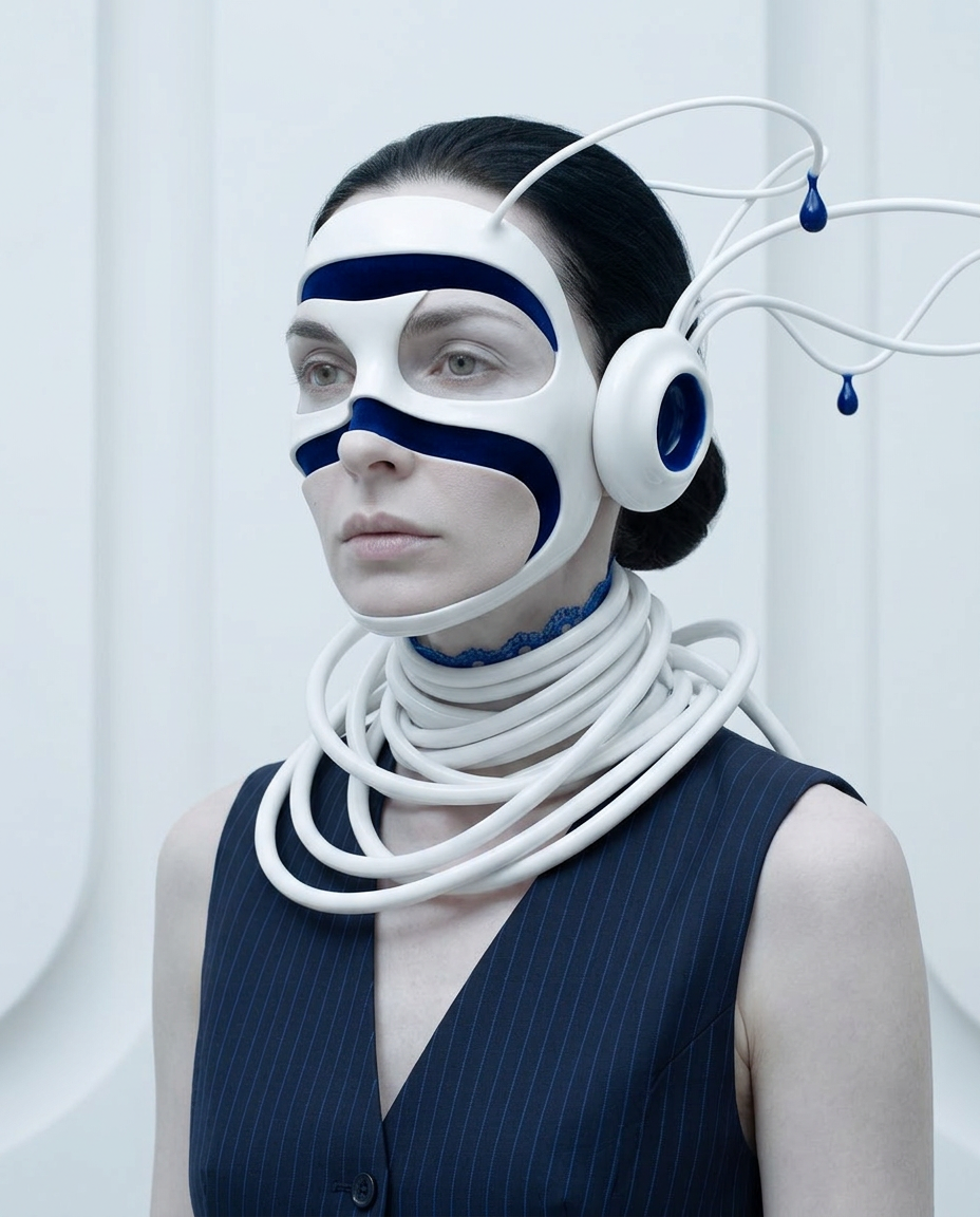 Künstlerisches Portrait einer Frau mit Schläuchen, Defragmentierung und darstellen innerer Zustände in einer futuristischen Umgebung