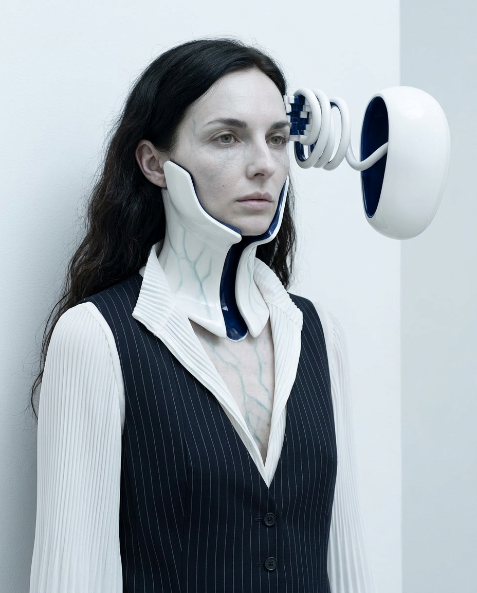 Künstlerisches Portrait einer Frau mit Schläuchen, Defragmentierung und darstellen innerer Zustände in einer futuristischen Umgebung