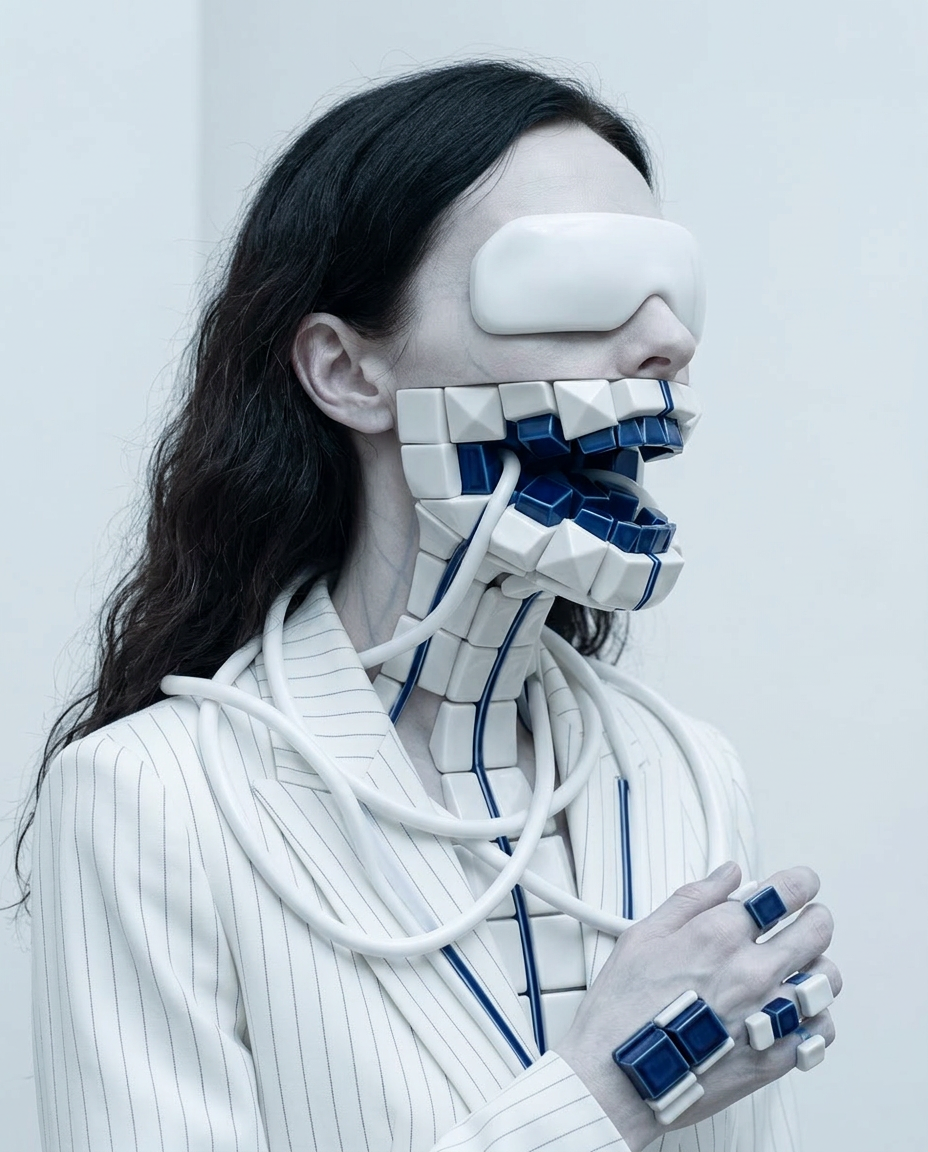 Künstlerisches Portrait einer Frau mit Schläuchen, Defragmentierung und darstellen innerer Zustände in einer futuristischen Umgebung