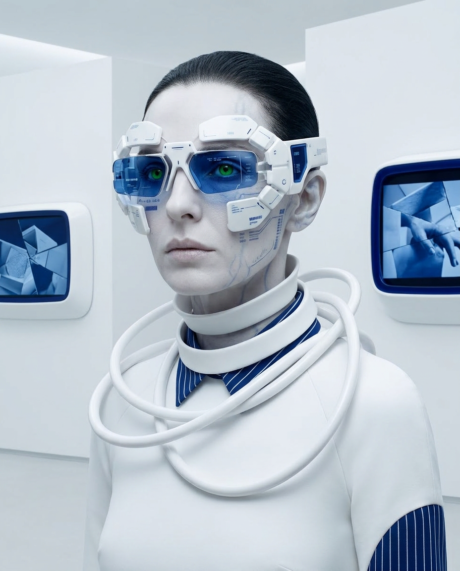 Künstlerisches Portrait einer Frau mit Schläuchen, Defragmentierung und darstellen innerer Zustände in einer futuristischen UmgebungKünstlerisches Portrait einer Frau mit Schläuchen, Defragmentierung und darstellen innerer Zustände in einer futuristischen Umgebung