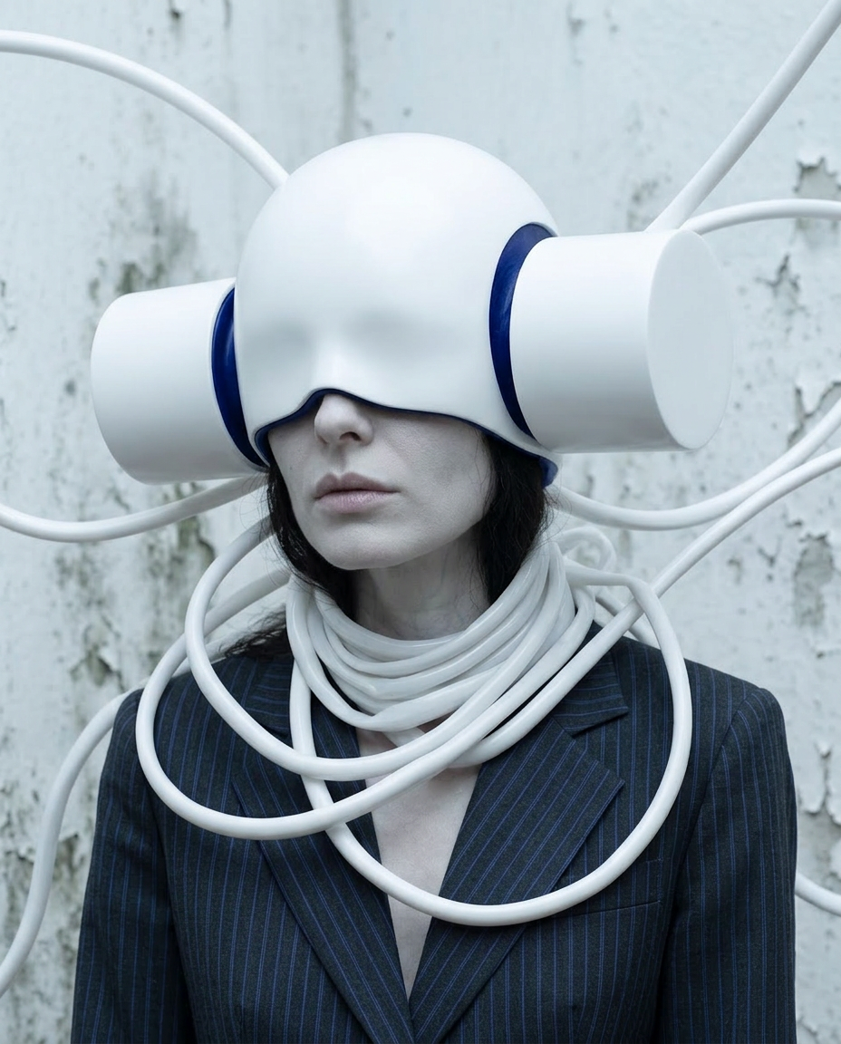 Künstlerisches Portrait einer Frau mit Schläuchen, Defragmentierung und darstellen innerer Zustände in einer futuristischen Umgebung