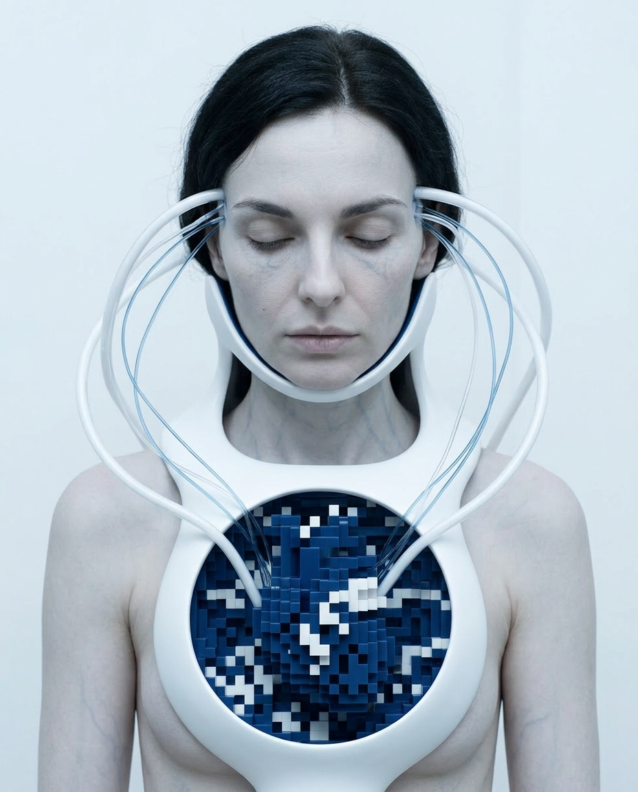 Künstlerisches Portrait einer Frau mit Schläuchen, Defragmentierung und darstellen innerer Zustände in einer futuristischen Umgebung