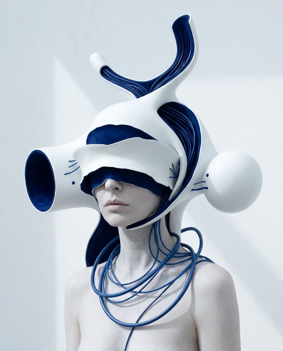 Künstlerisches Portrait einer Frau mit Schläuchen, Defragmentierung und darstellen innerer Zustände in einer futuristischen Umgebung
