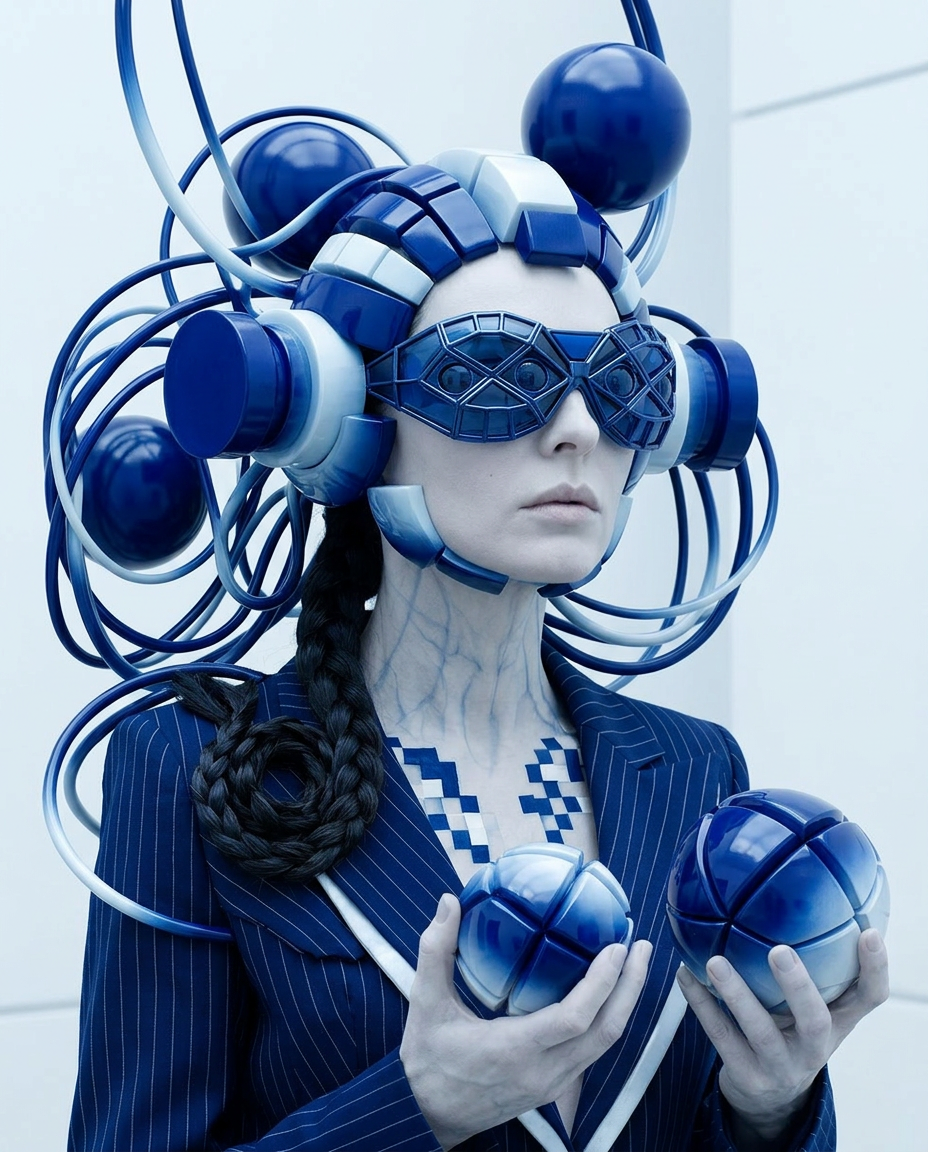 Künstlerisches Portrait einer Frau mit Schläuchen, Defragmentierung und darstellen innerer Zustände in einer futuristischen Umgebung