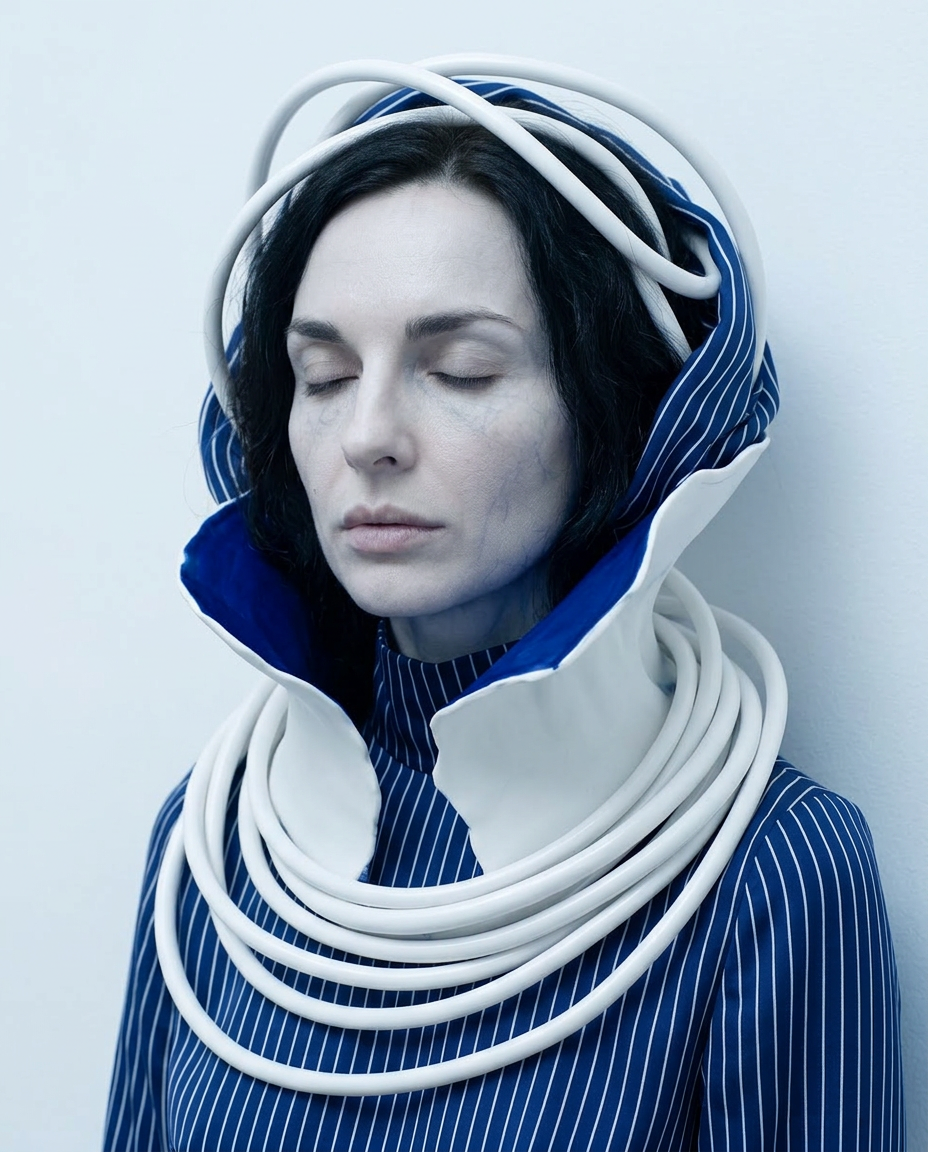 Künstlerisches Portrait einer Frau mit Schläuchen, Defragmentierung und darstellen innerer Zustände in einer futuristischen Umgebung