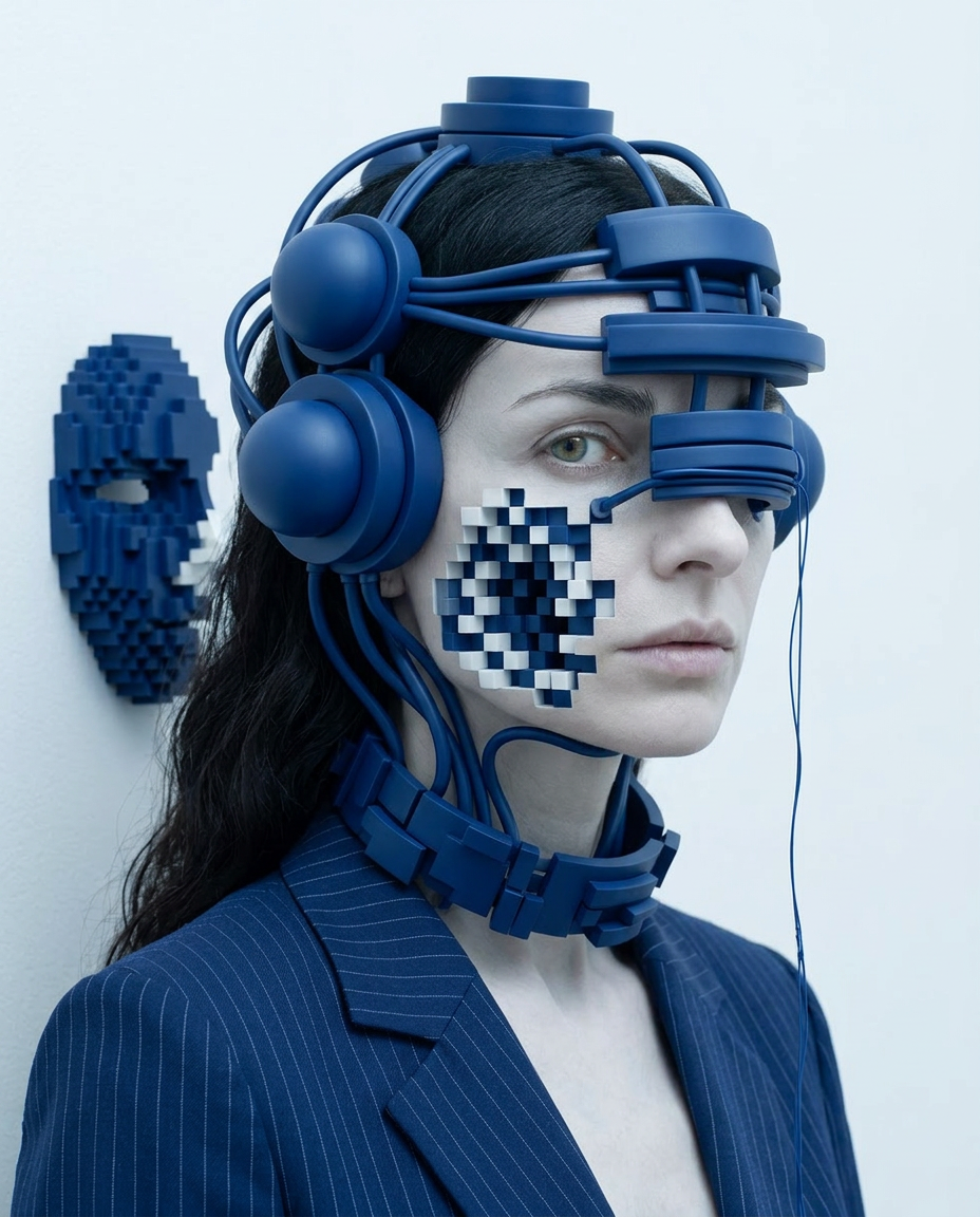 Künstlerisches Portrait einer Frau mit Schläuchen, Defragmentierung und darstellen innerer Zustände in einer futuristischen Umgebung