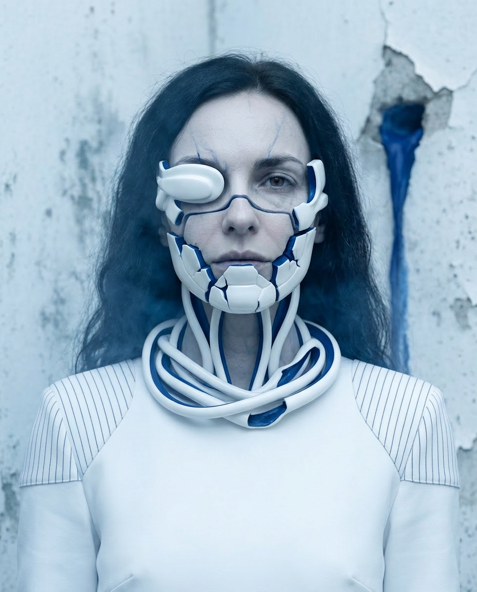 Künstlerisches Portrait einer Frau mit Schläuchen, Defragmentierung und darstellen innerer Zustände in einer futuristischen Umgebung