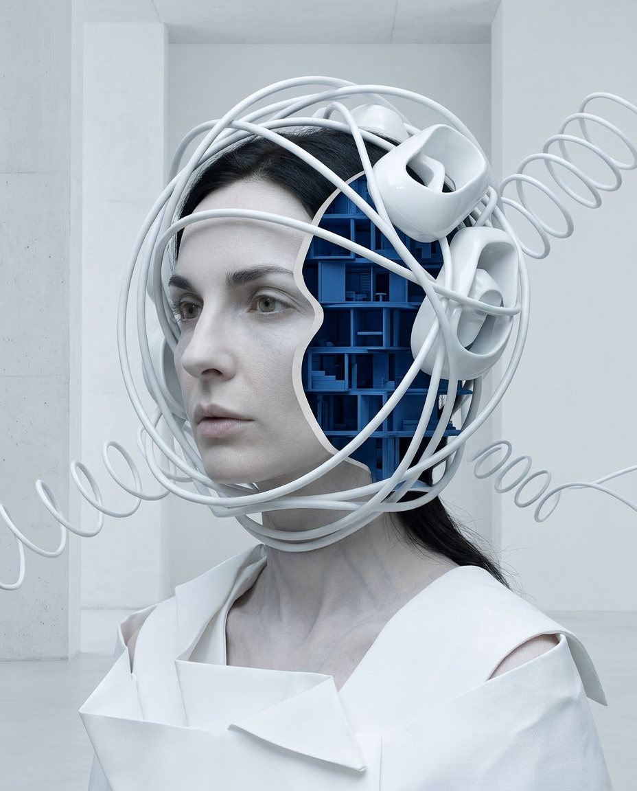 Künstlerisches Portrait einer Frau mit Schläuchen, Defragmentierung und darstellen innerer Zustände in einer futuristischen Umgebung