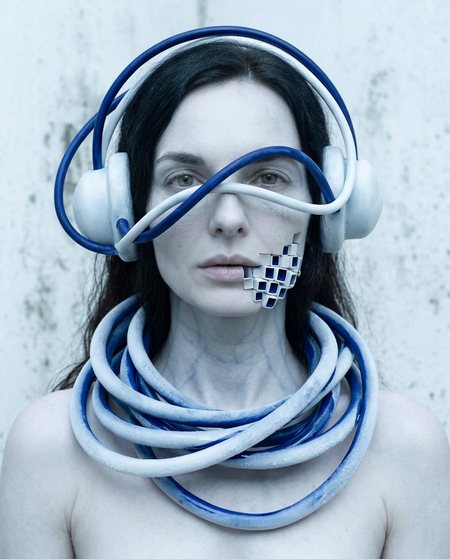 Künstlerisches Portrait einer Frau mit Schläuchen, Defragmentierung und darstellen innerer Zustände in einer futuristischen Umgebung