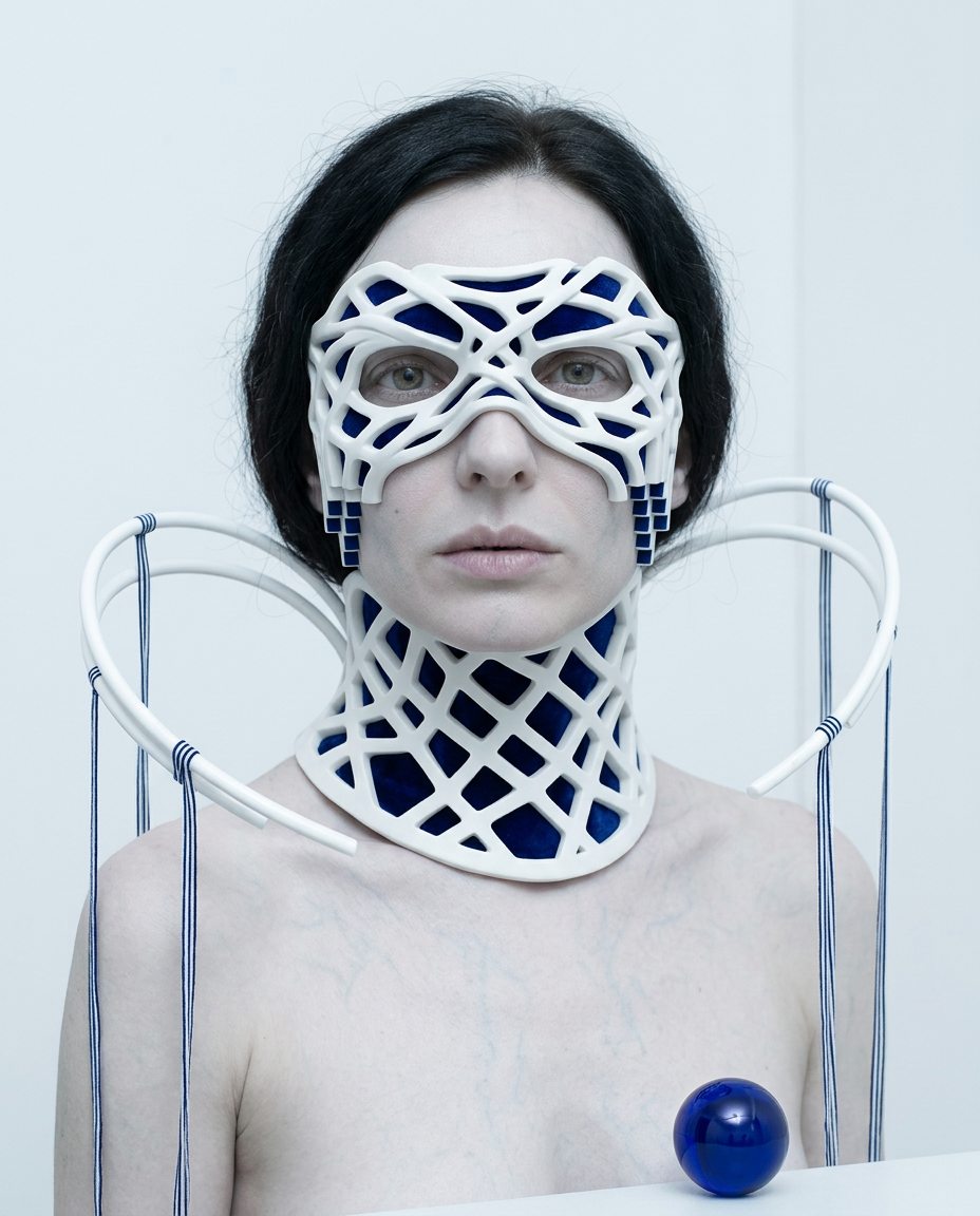 Künstlerisches Portrait einer Frau mit Schläuchen, Defragmentierung und darstellen innerer Zustände in einer futuristischen Umgebung