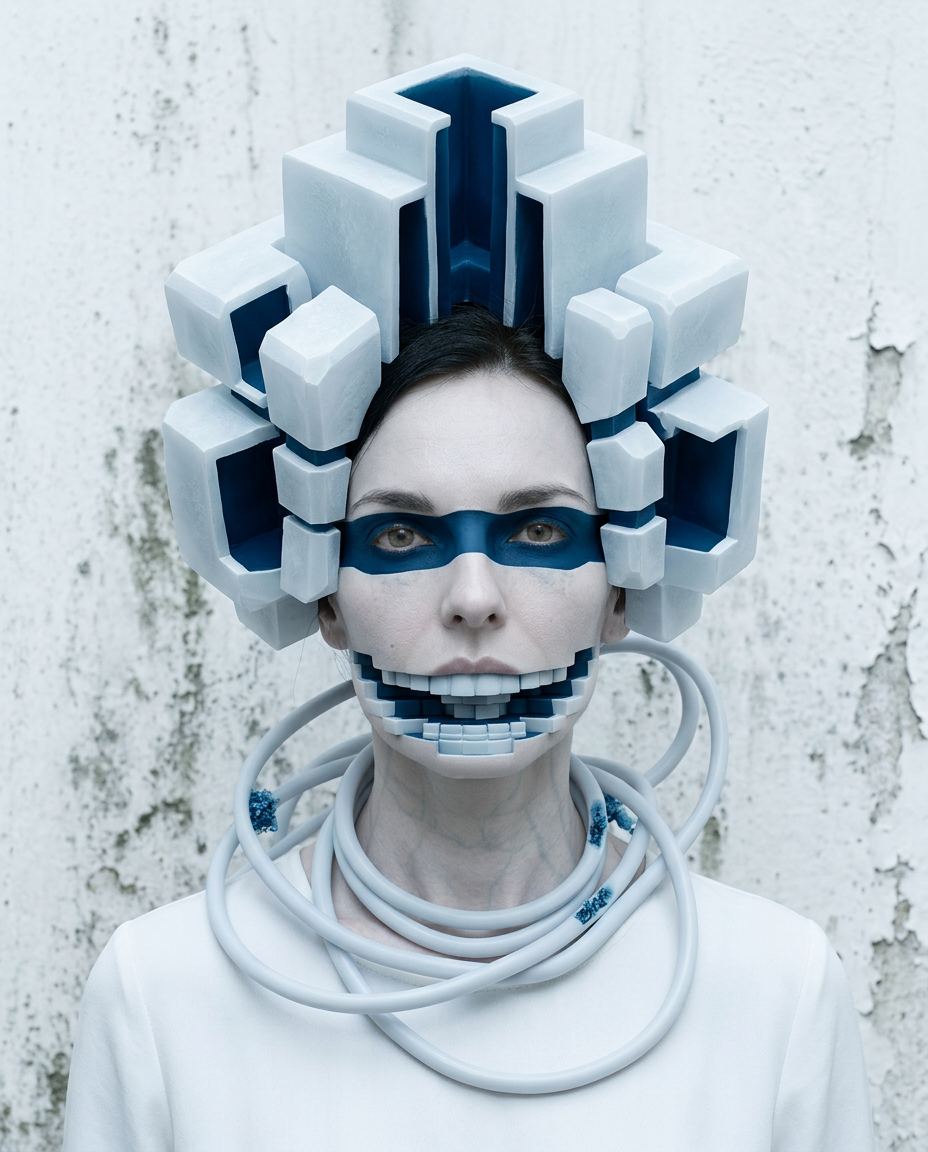Künstlerisches Portrait einer Frau mit Schläuchen, Defragmentierung und darstellen innerer Zustände in einer futuristischen Umgebung