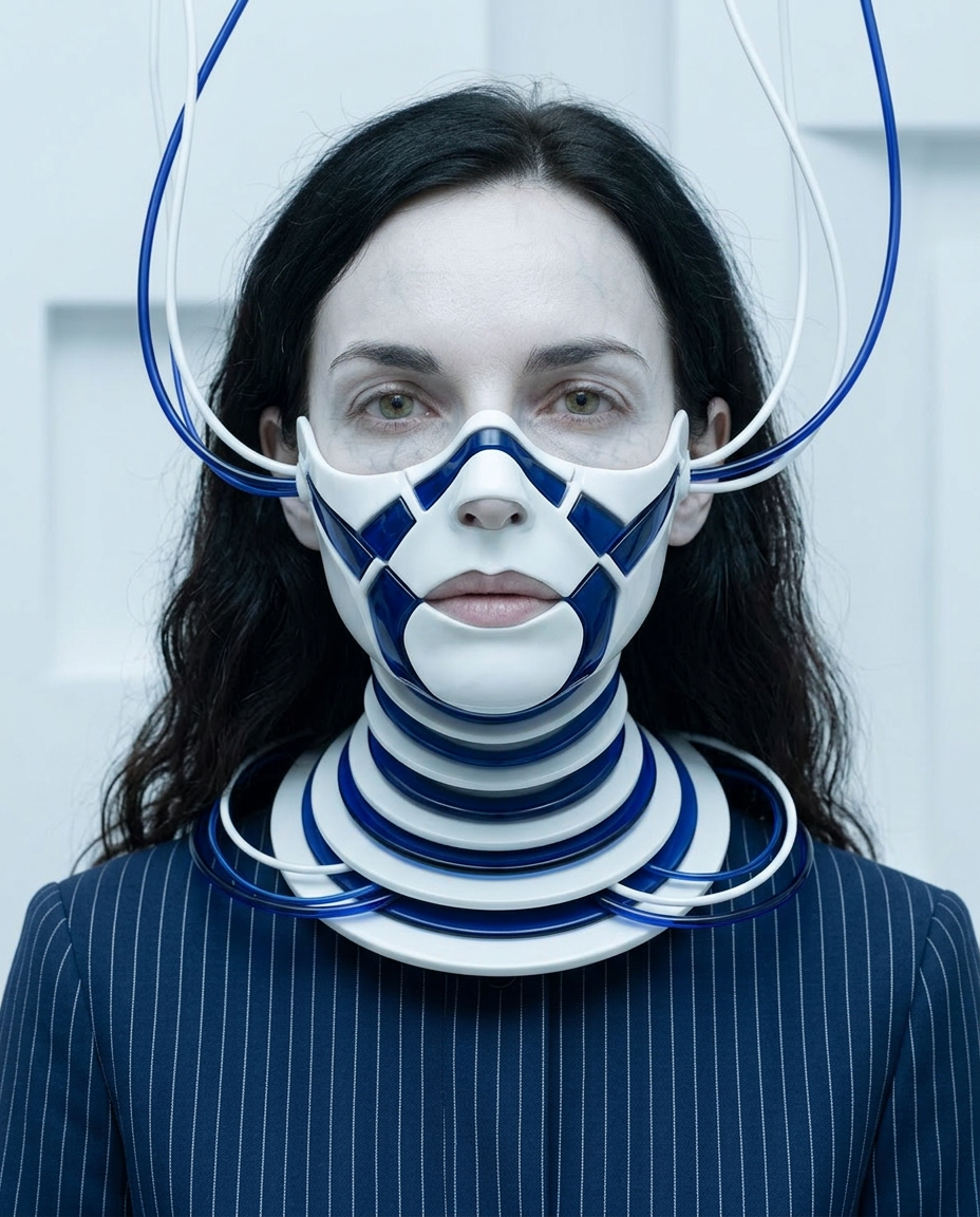 Künstlerisches Portrait einer Frau mit Schläuchen, Defragmentierung und darstellen innerer Zustände in einer futuristischen Umgebung