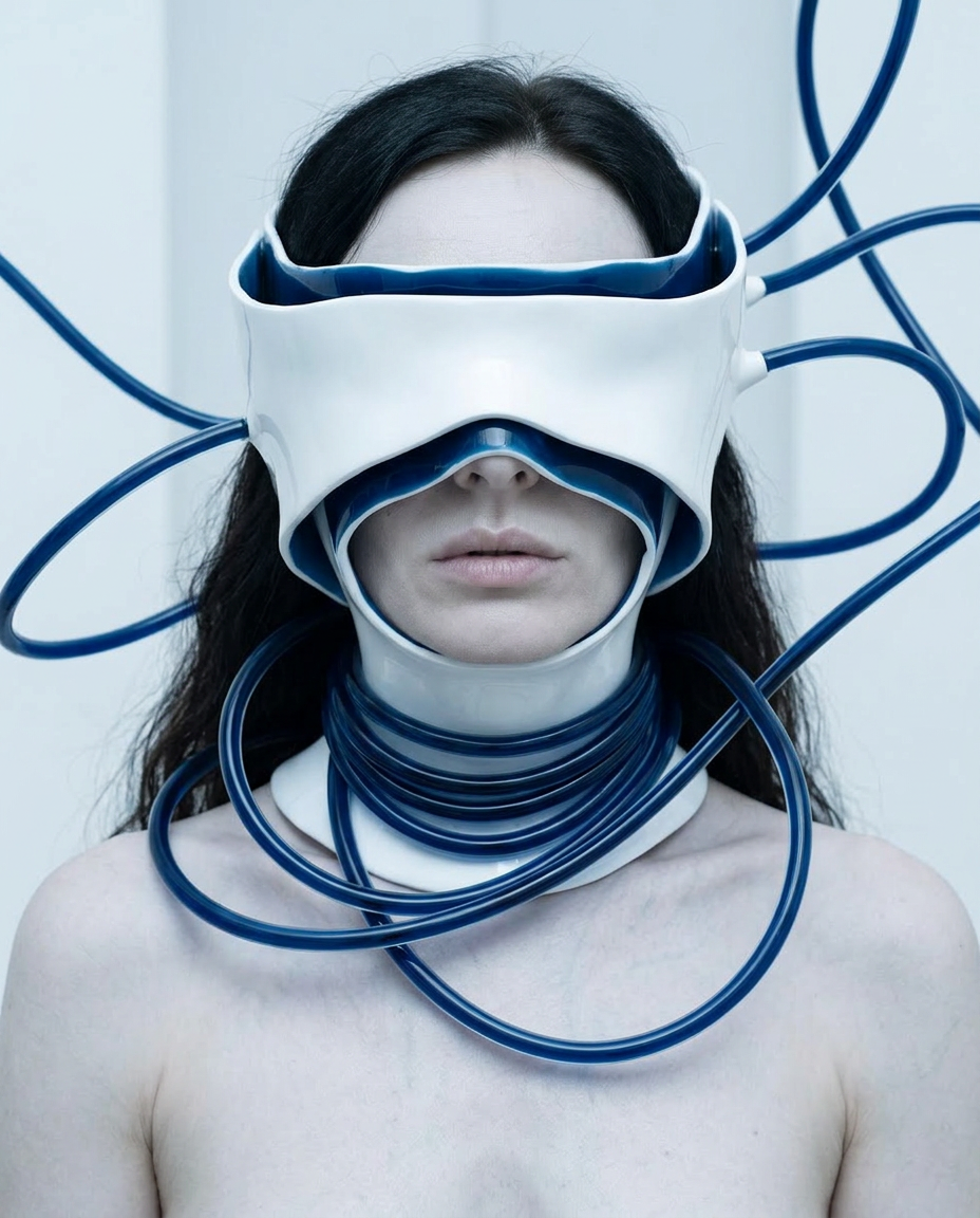Künstlerisches Portrait einer Frau mit Schläuchen, Defragmentierung und darstellen innerer Zustände in einer futuristischen Umgebung