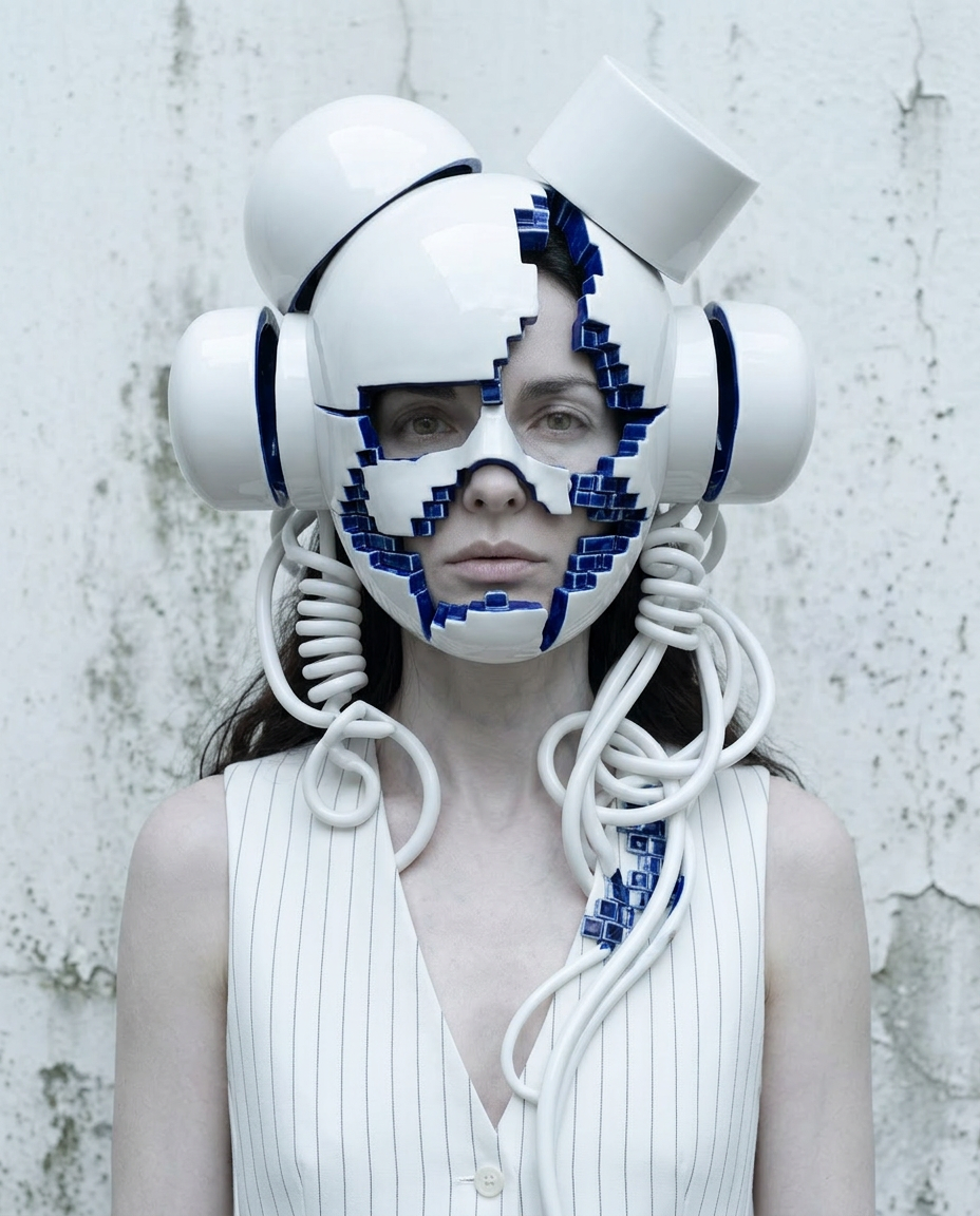 Künstlerisches Portrait einer Frau mit Schläuchen, Defragmentierung und darstellen innerer Zustände in einer futuristischen Umgebung