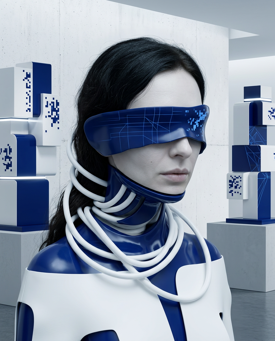 Künstlerisches Portrait einer Frau mit Schläuchen, Defragmentierung und darstellen innerer Zustände in einer futuristischen Umgebung