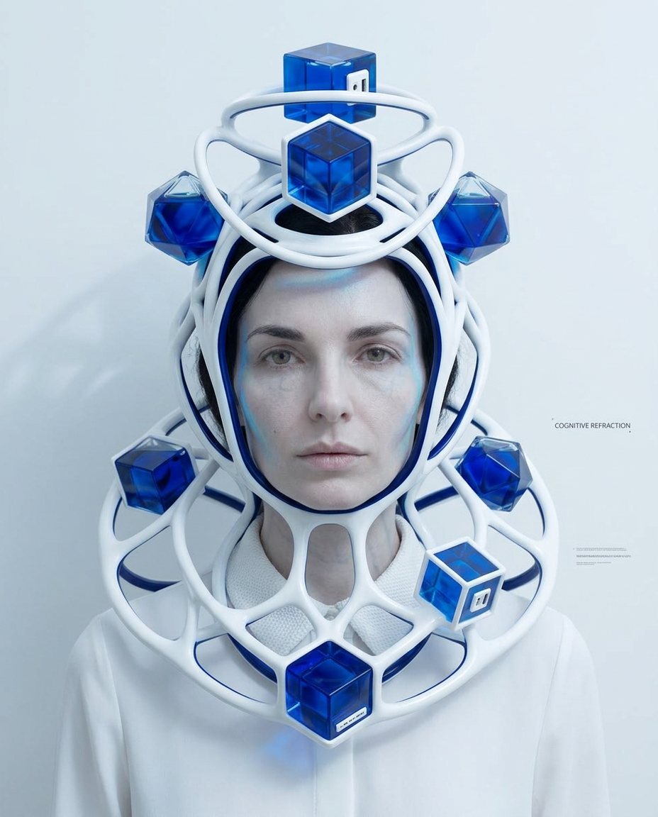 Künstlerisches Portrait einer Frau mit Schläuchen, Defragmentierung und darstellen innerer Zustände in einer futuristischen Umgebung