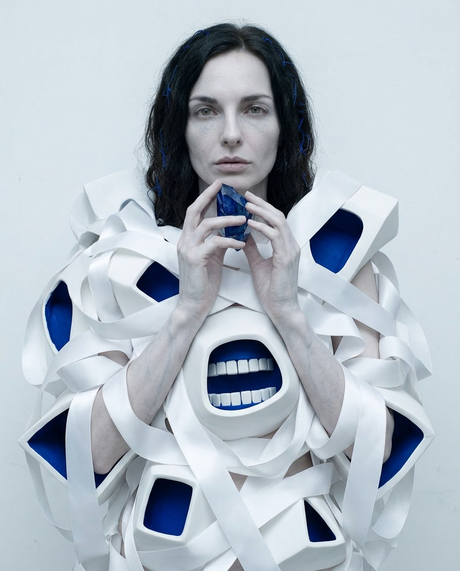 Künstlerisches Portrait einer Frau mit Schläuchen, Defragmentierung und darstellen innerer Zustände in einer futuristischen Umgebung