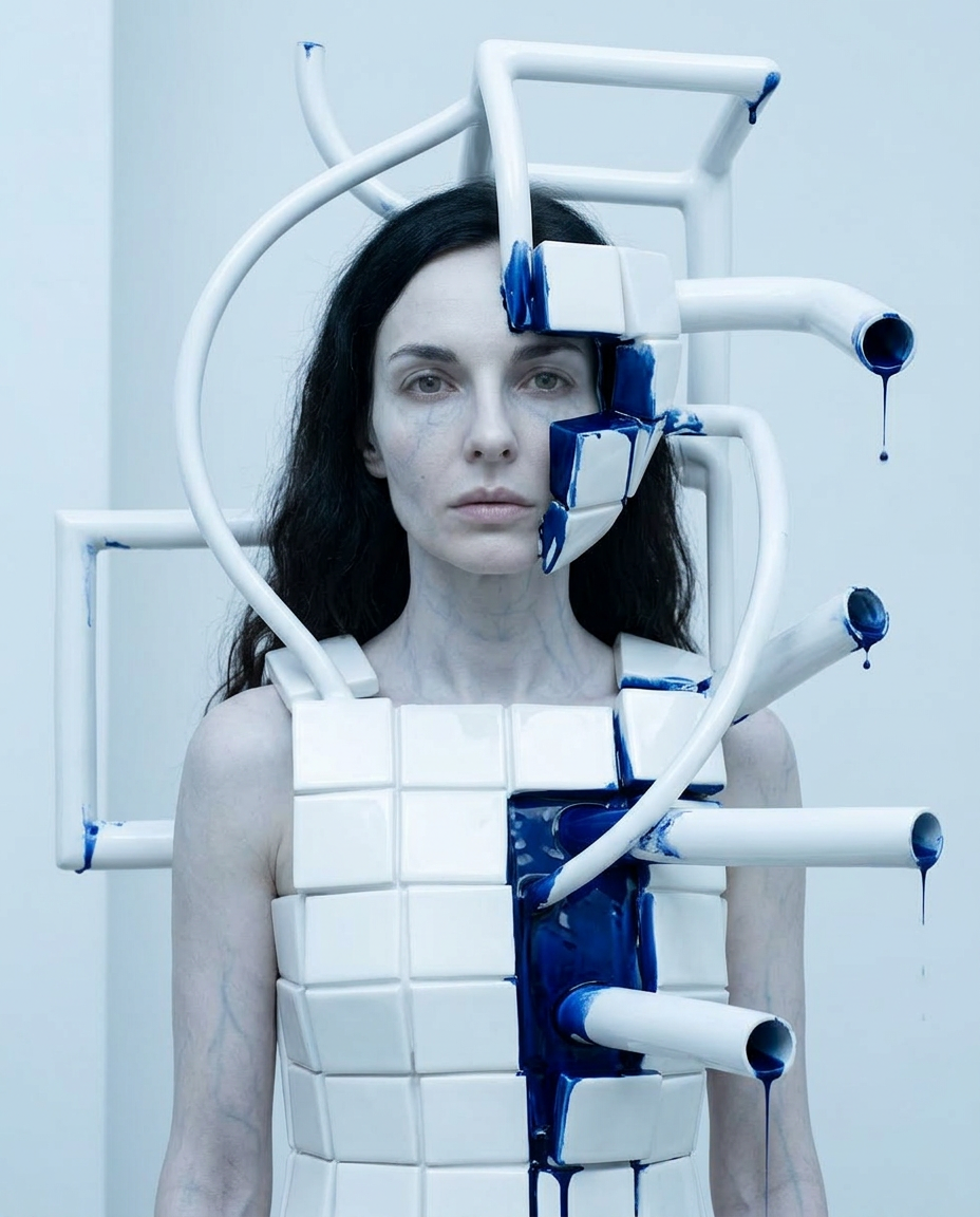 Künstlerisches Portrait einer Frau mit Schläuchen, Defragmentierung und darstellen innerer Zustände in einer futuristischen Umgebung