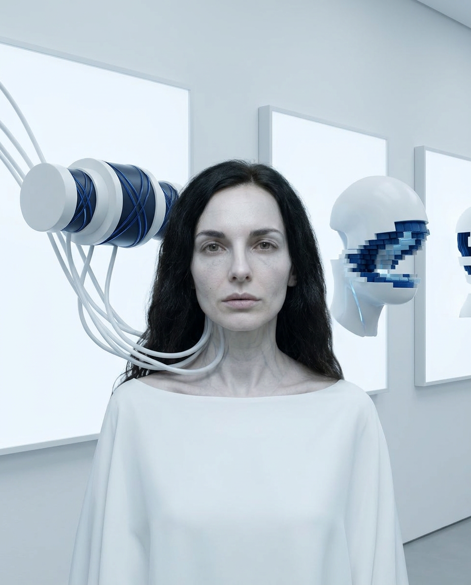 Künstlerisches Portrait einer Frau mit Schläuchen, Defragmentierung und darstellen innerer Zustände in einer futuristischen Umgebung